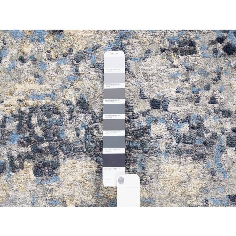 Shahbanu Rugs Wool and Silk Blue Abstract with Mosaic Design Hand Knotted Oriental Round Rug (9